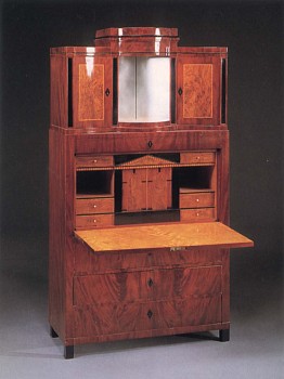 19th Century AUSTRIAN -&nbsp;Biedermeier Mahogany, Fruitwood and Burl Walnut Fall-Front Secr&eacute;taire