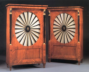 19th Century AUSTRIAN -&nbsp;Pair of Biedermeier Gilt-Metal-Mounted Black Walnut, Ebonized and Parcel Gilt Cabinets